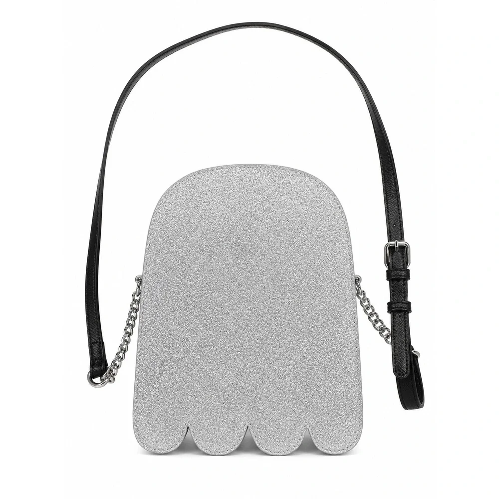 Silver Glitter Ghost Crossbody Bag Halloween Novelty Whimsy Sparkle Purse Black